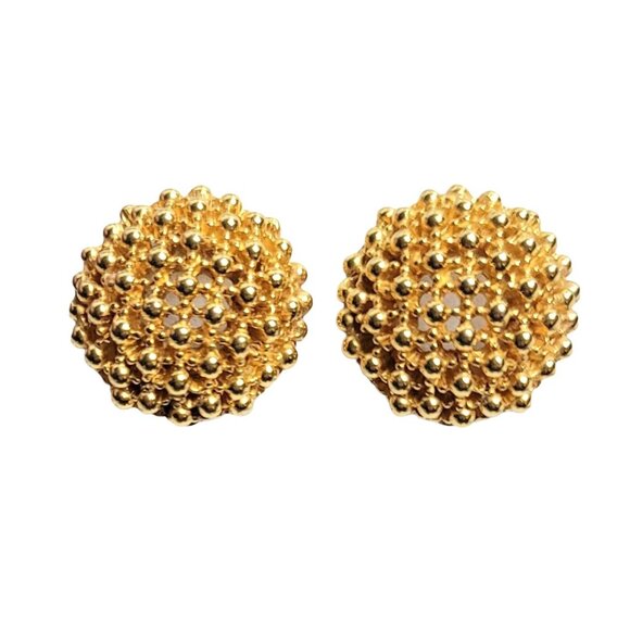 Ciner Gold-Tone Hobnail Round Domed Button Clip On Earrings, Signed - Picture 2 of 8